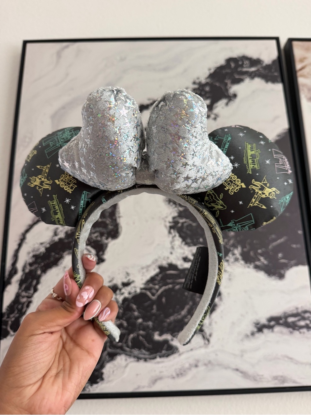 Disney Silver Glitter Bow Minnie Ears Headband with Black Neon Attraction Print